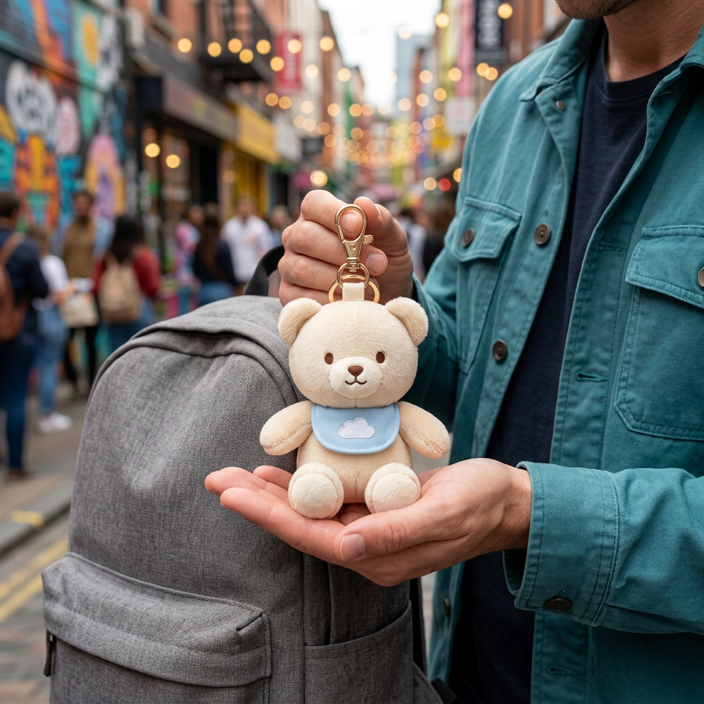 Adult male model holding Cloud Cuddle Bear beside backpack