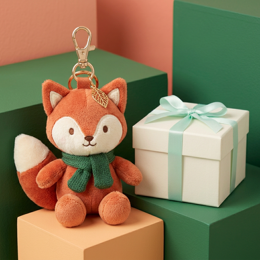 Woodland Fox beside ivory mint-ribbon gift box