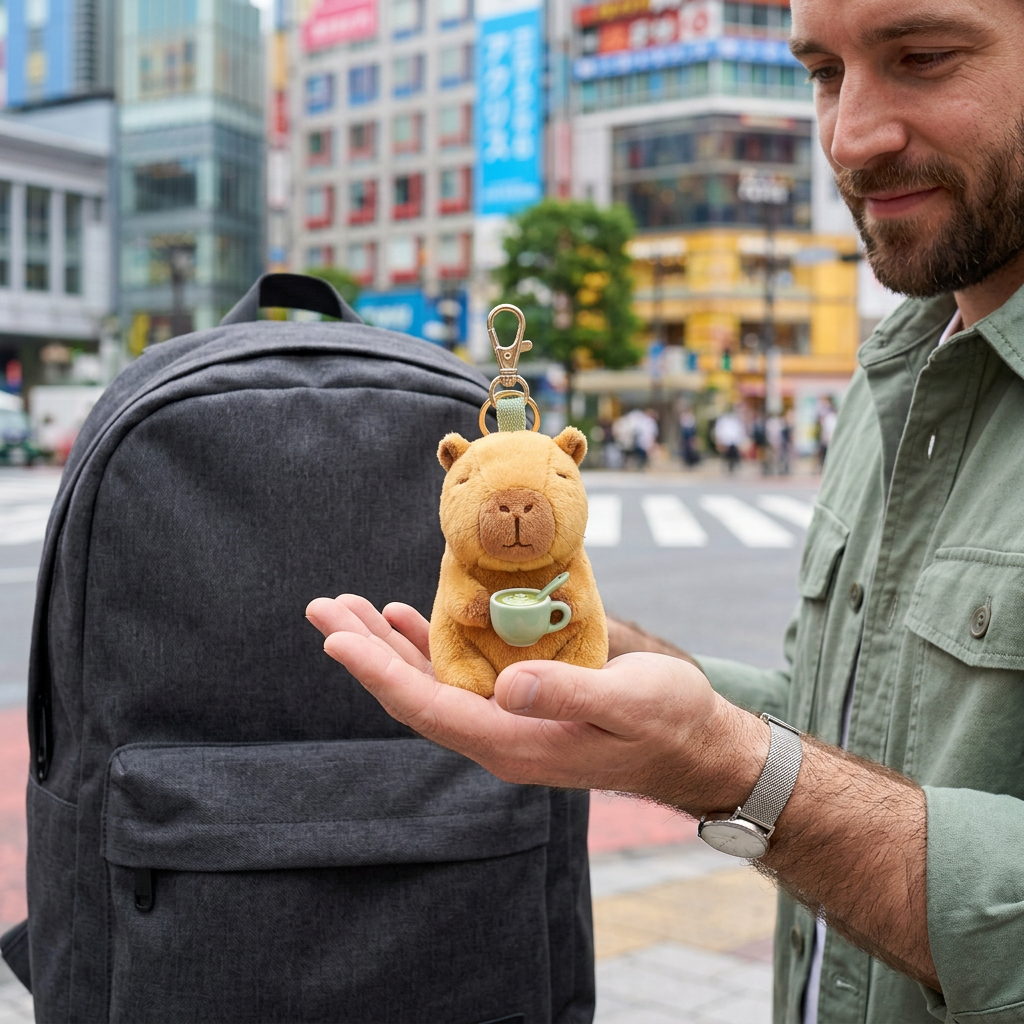 Adult male model holding Matcha Capybara charm beside backpack