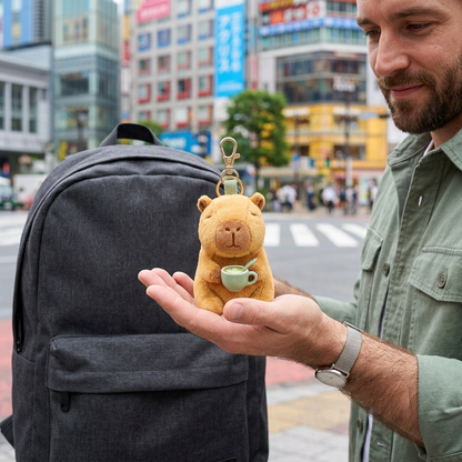 Adult male model holding Matcha Capybara charm beside backpack