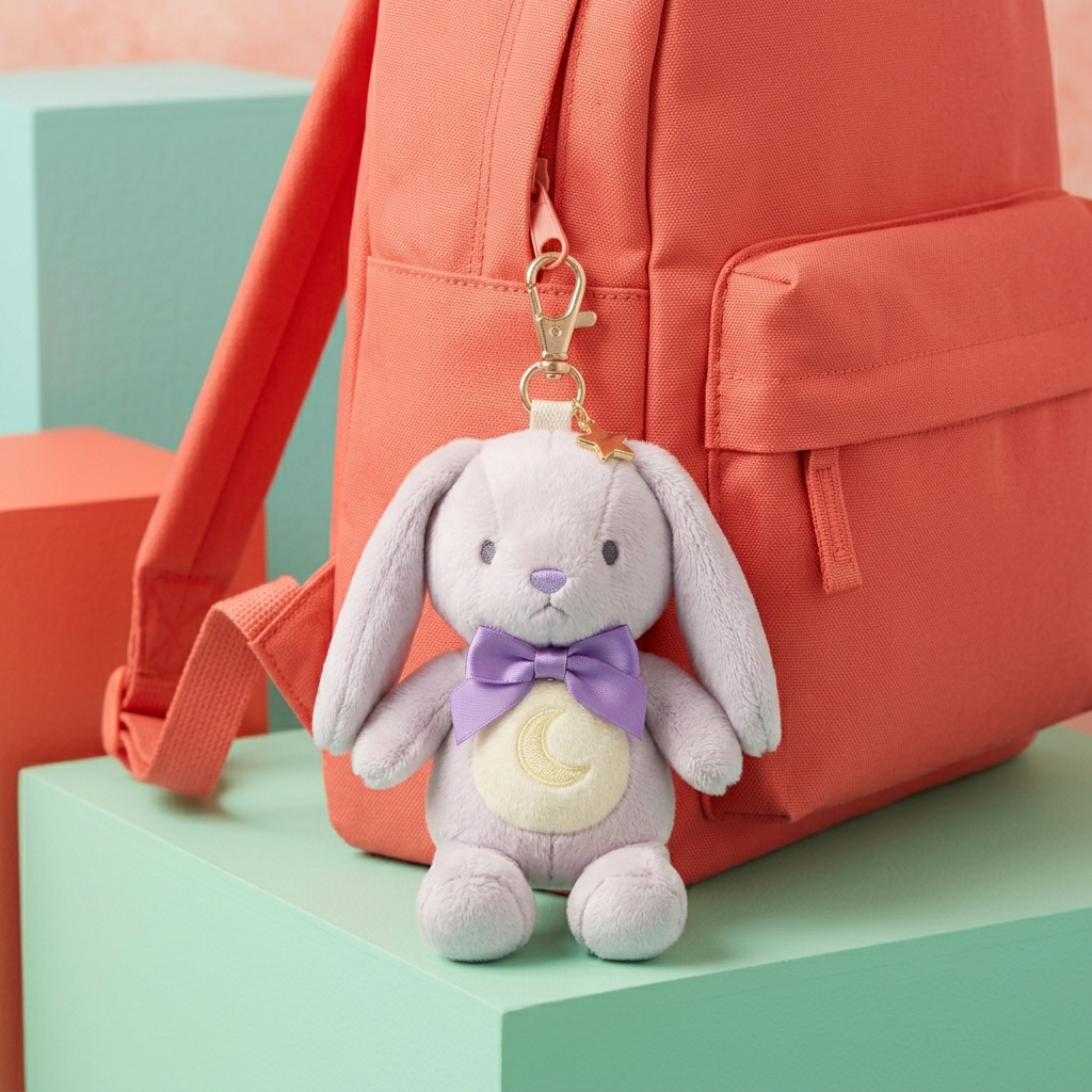 Lilac bunny charm styled on backpack