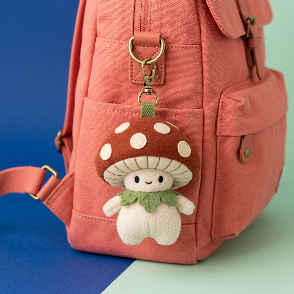 Mossy Mushroom Sprite clipped to coral backpack with antique-gold-tone clasp