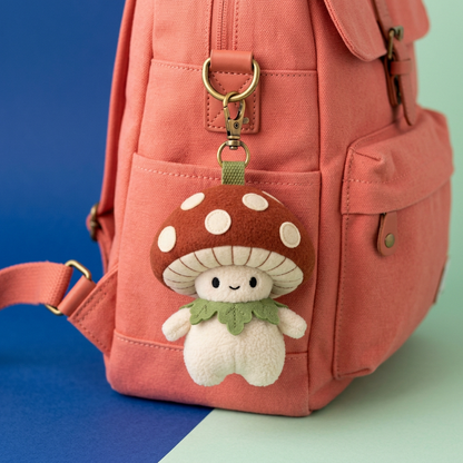 Mossy Mushroom Sprite clipped to coral backpack with antique-gold-tone clasp