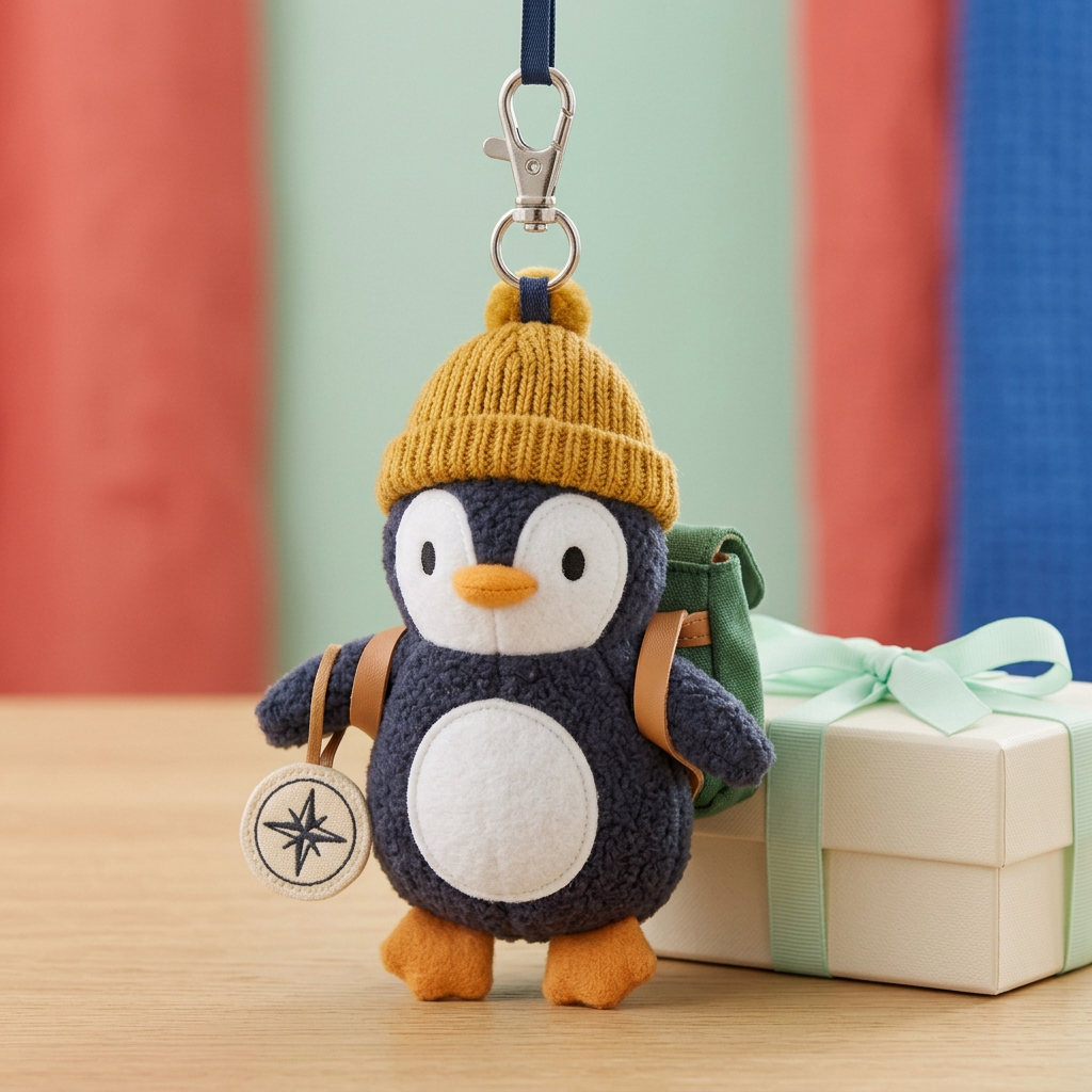 Explorer Penguin three-quarter view beside ivory mint-ribbon gift box