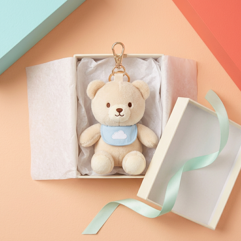 Bear charm in unbranded ivory packaging with mint ribbon