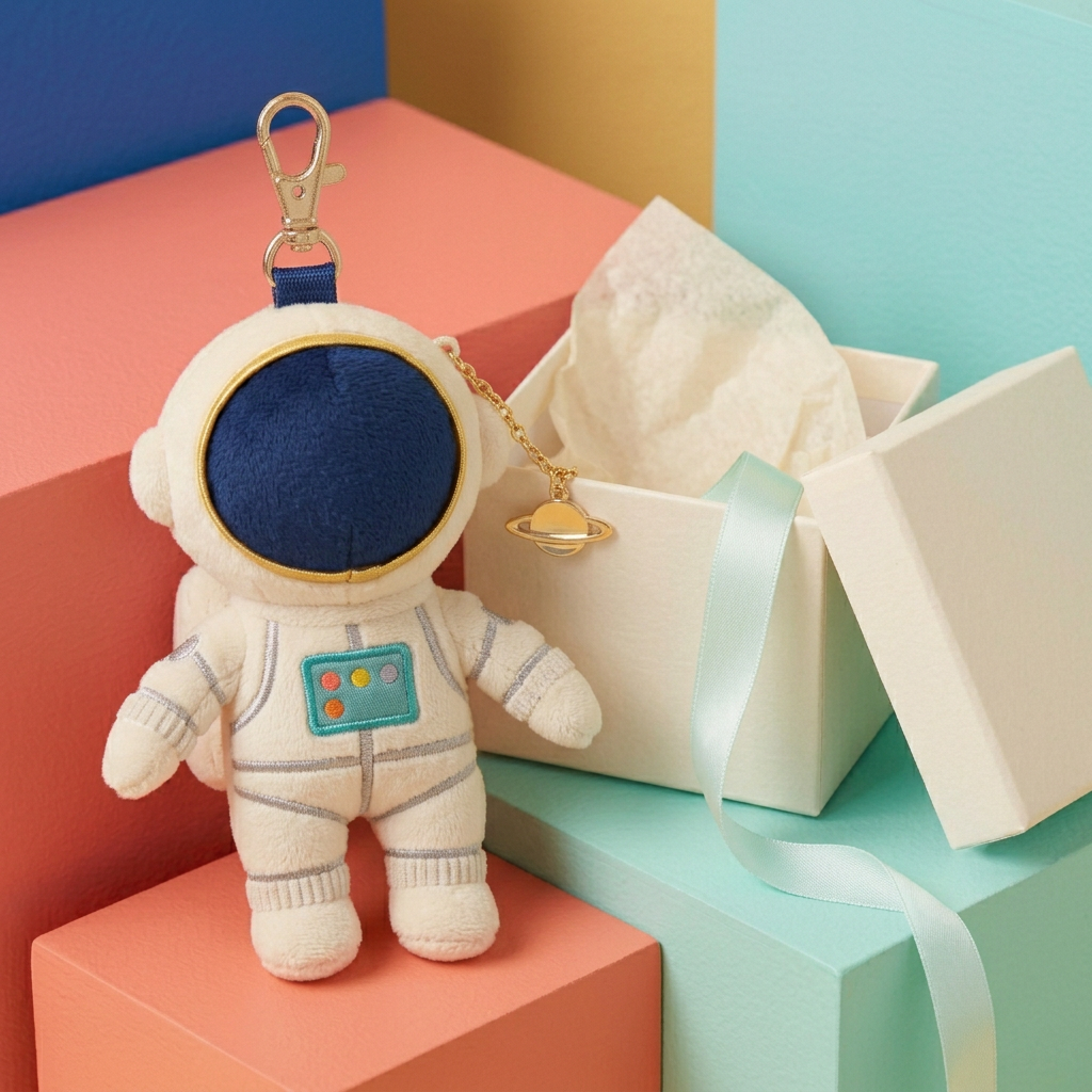 Astronaut charm beside unbranded ivory gift box mint ribbon and tissue