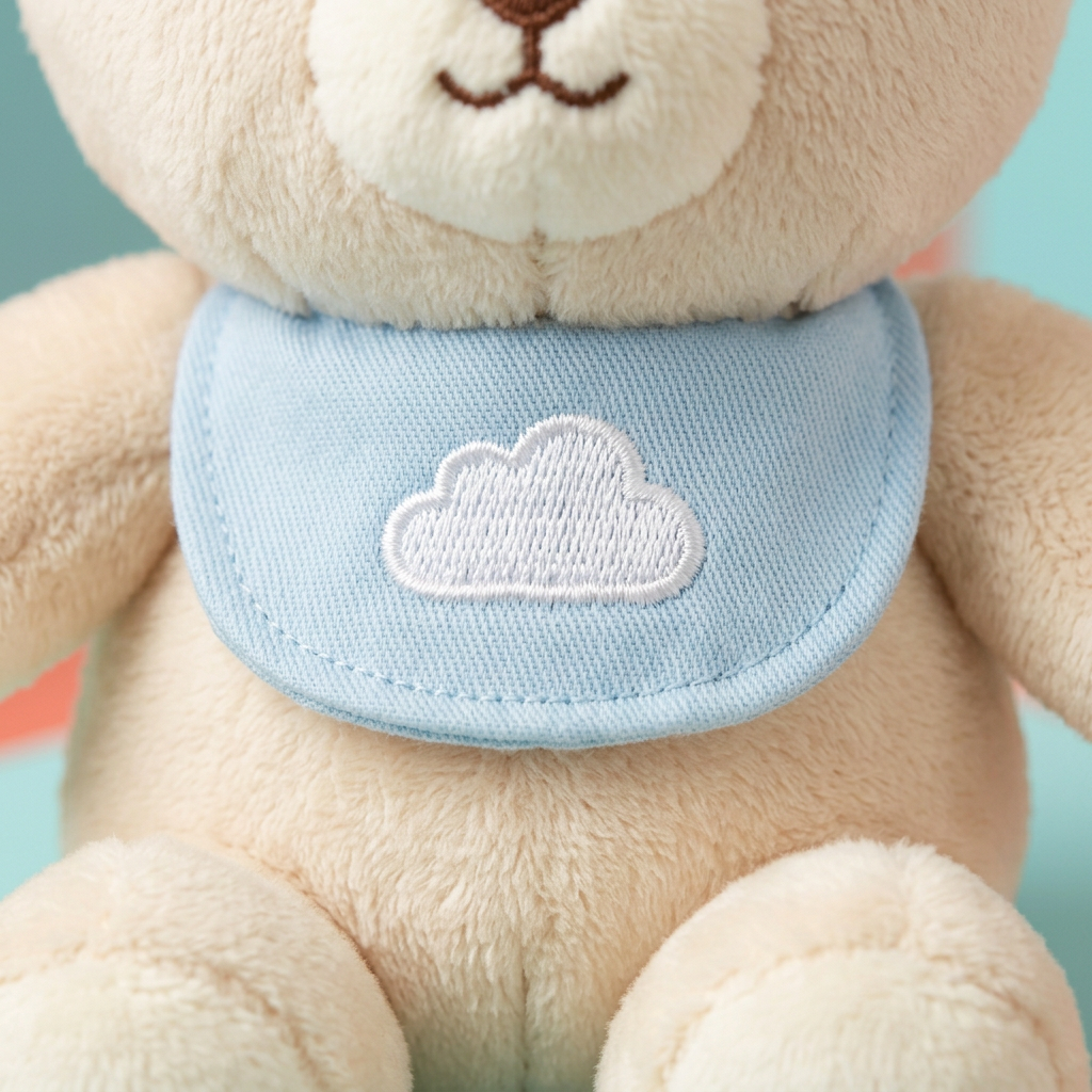 Detail of blue bib with embroidered white cloud