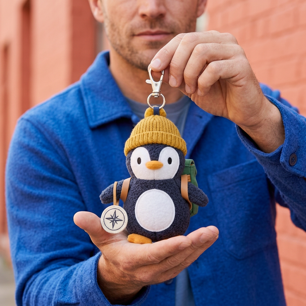 Male model presenting Explorer Penguin charm in palm