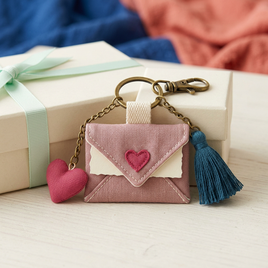 Wish Letter envelope charm with raspberry heart teal tassel and ivory gift box