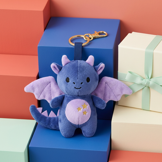 Blue-purple Midnight Dragon charm beside ivory gift box with mint ribbon