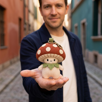 Male model in navy jacket presenting Mossy Mushroom Sprite on open palm