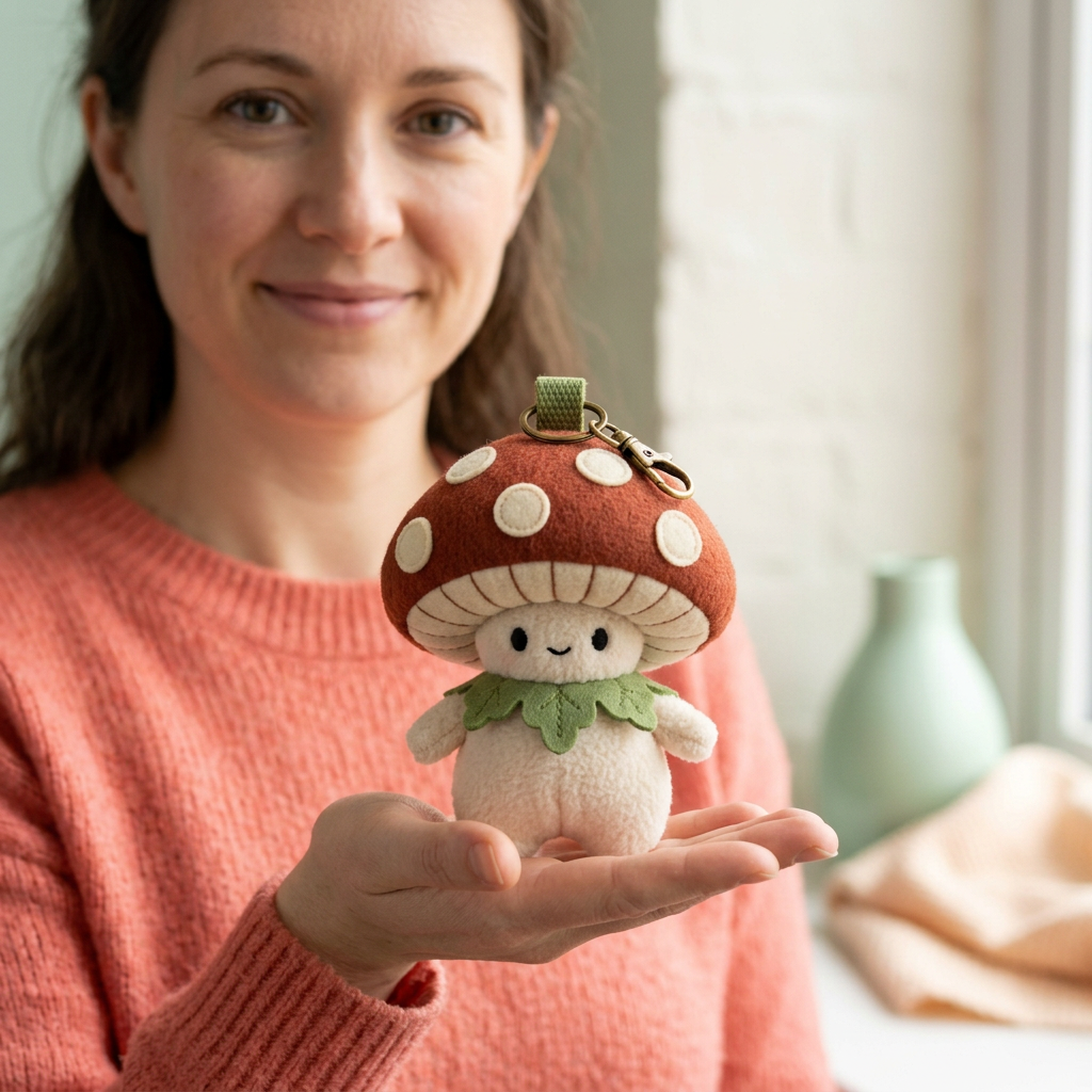 Female model in coral sweater presenting Mossy Mushroom Sprite on open palm