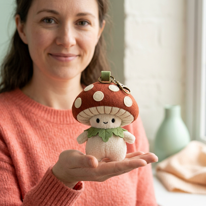 Female model in coral sweater presenting Mossy Mushroom Sprite on open palm