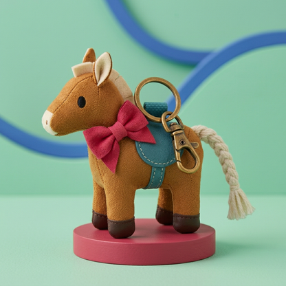 Ribbon Pony on raspberry pedestal against mint and cobalt backdrop