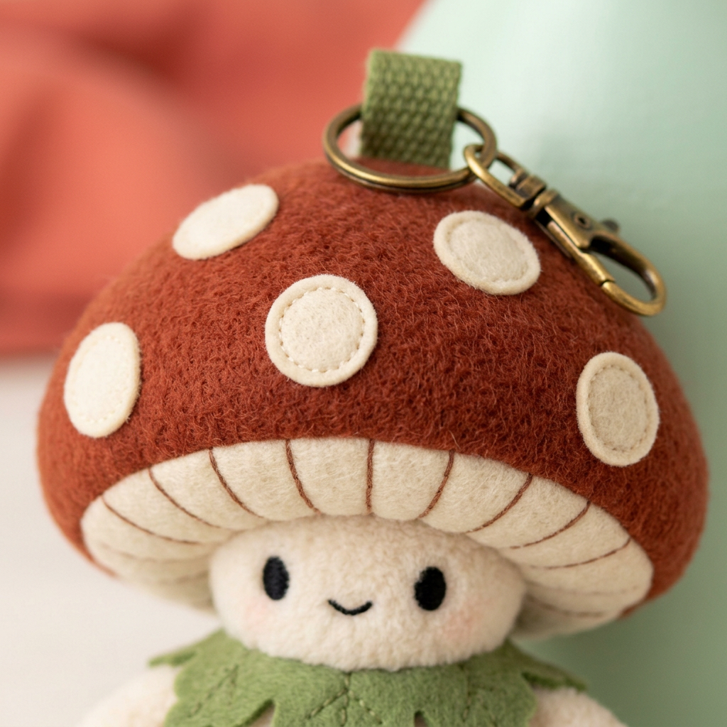 Five cream applique spots and stitched mushroom gill underside detail