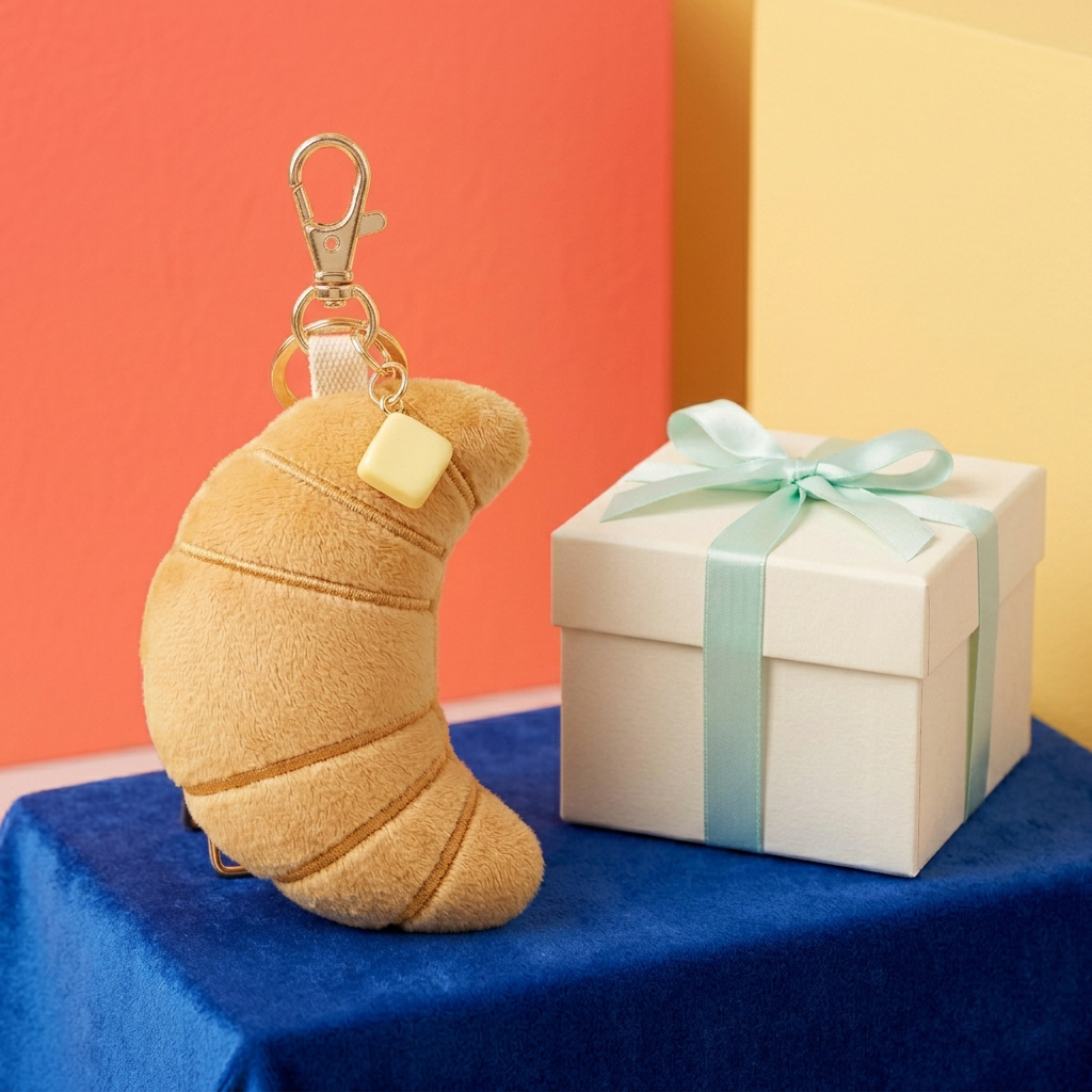 Butter Croissant on cobalt fabric beside ivory gift box
