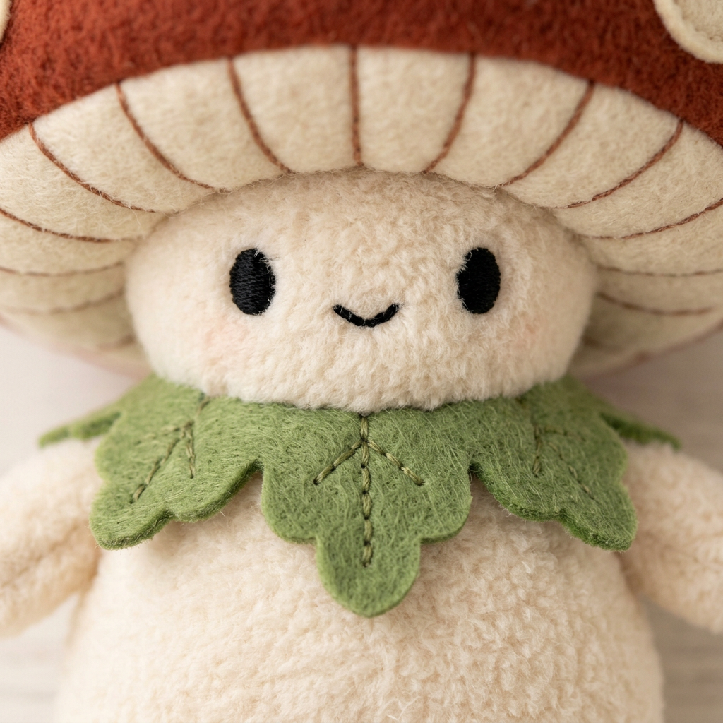 Mushroom Sprite embroidered face and three lobed green leaf collar close-up