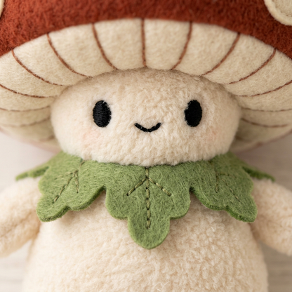 Mushroom Sprite embroidered face and three lobed green leaf collar close-up
