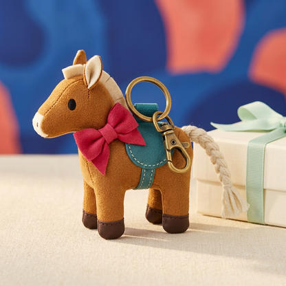 Ribbon Pony caramel charm with raspberry bow teal saddle and ivory gift box