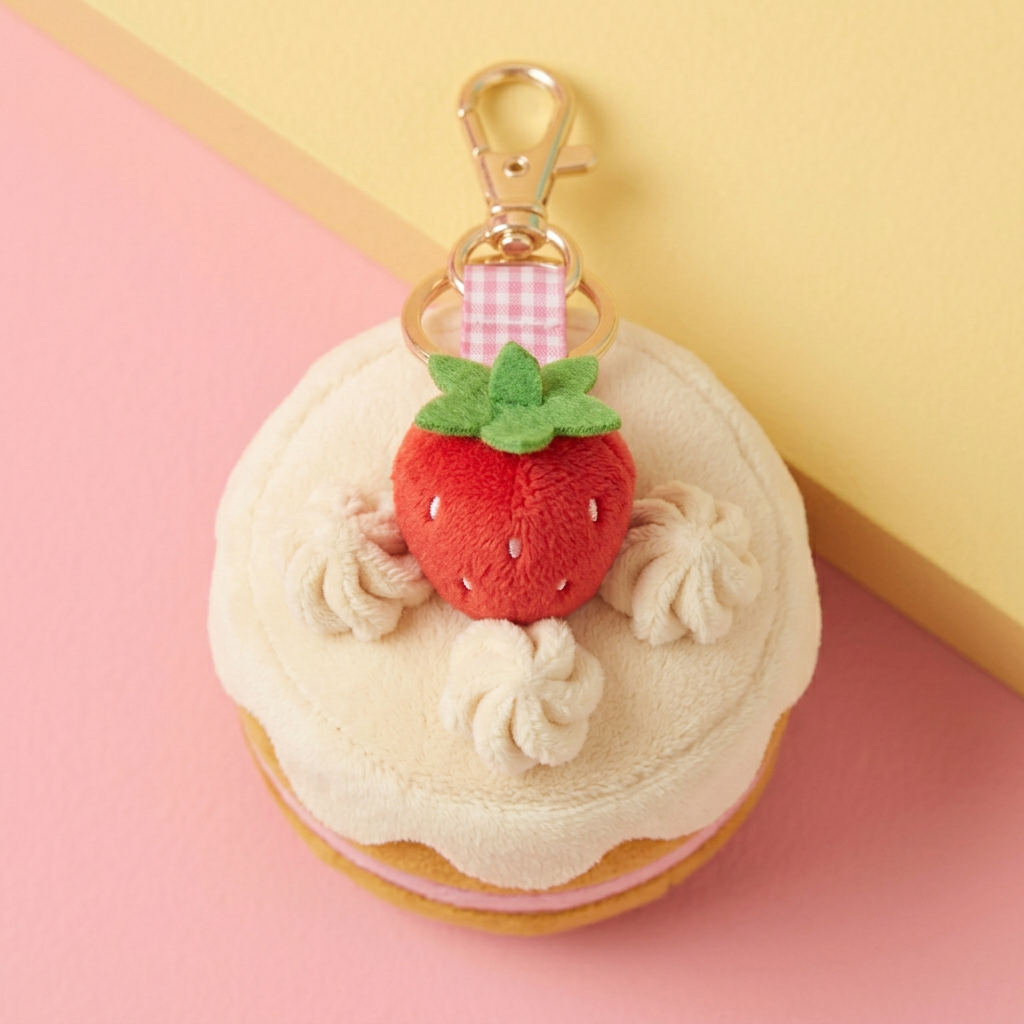 Top view of strawberry seed embroidery and three cream rosettes
