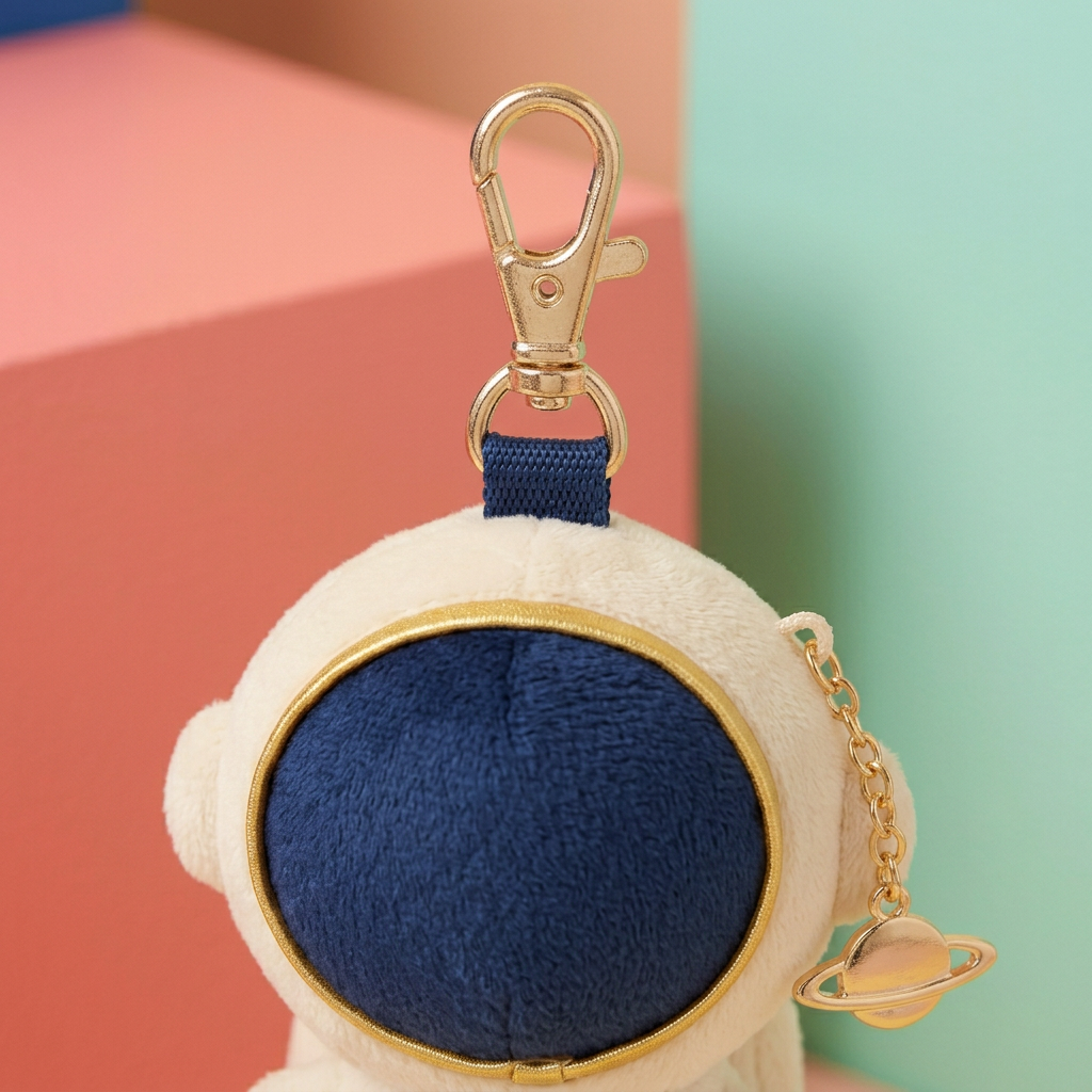 Gold-tone clasp navy loop and ringed-planet pendant detail
