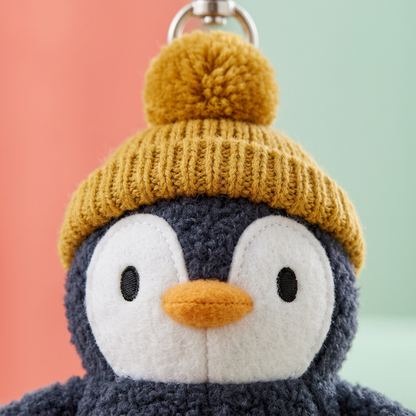 Mustard ribbed beanie and embroidered penguin face detail