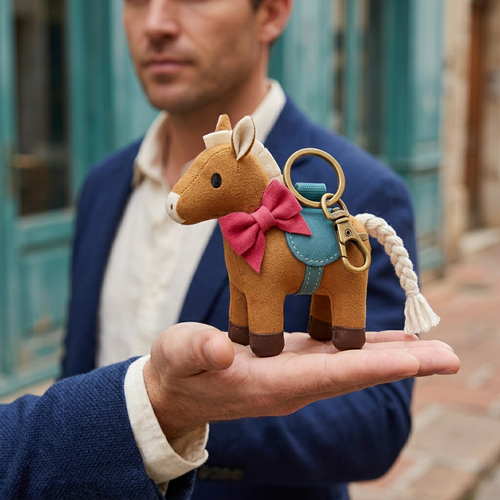 Male model in navy jacket presenting Ribbon Pony charm on open palm