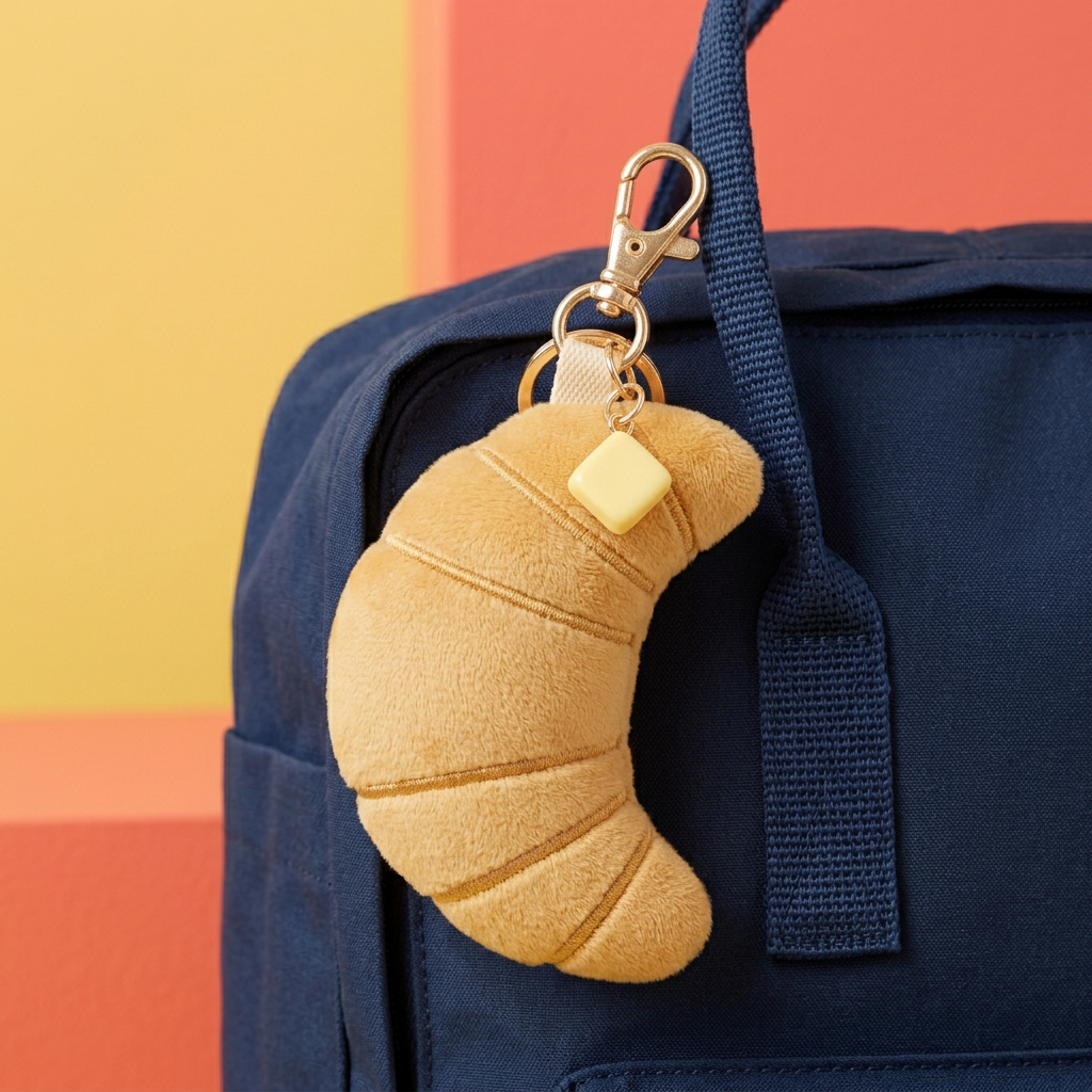 Butter Croissant charm attached to navy backpack