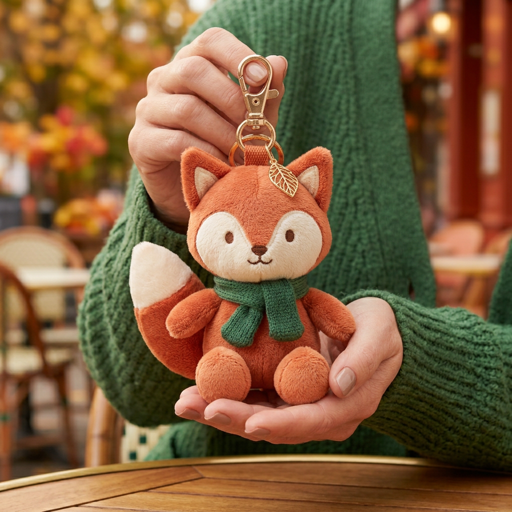 Model holding fox charm in cafe