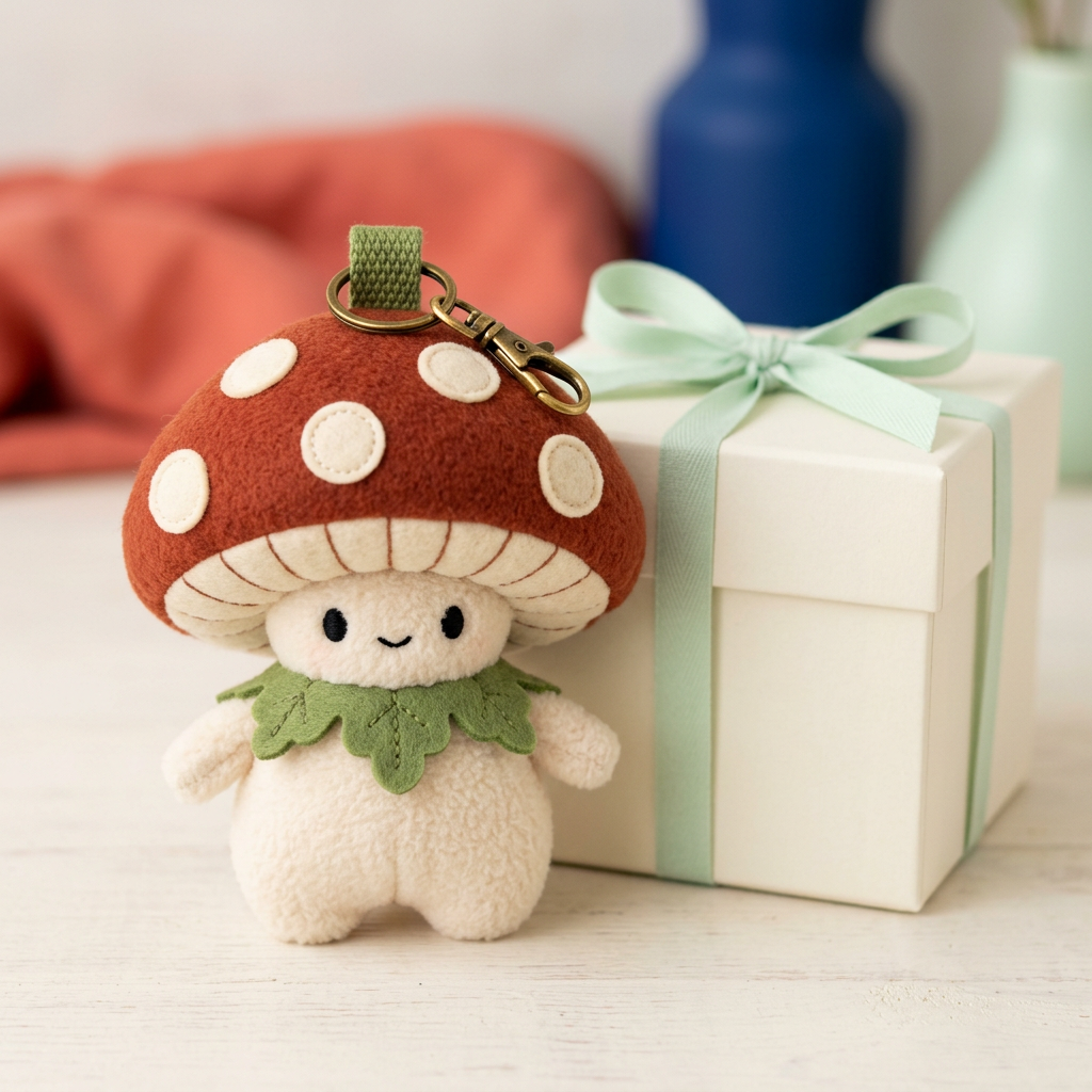Mossy Mushroom Sprite with five cream cap spots beside ivory mint-ribbon gift box