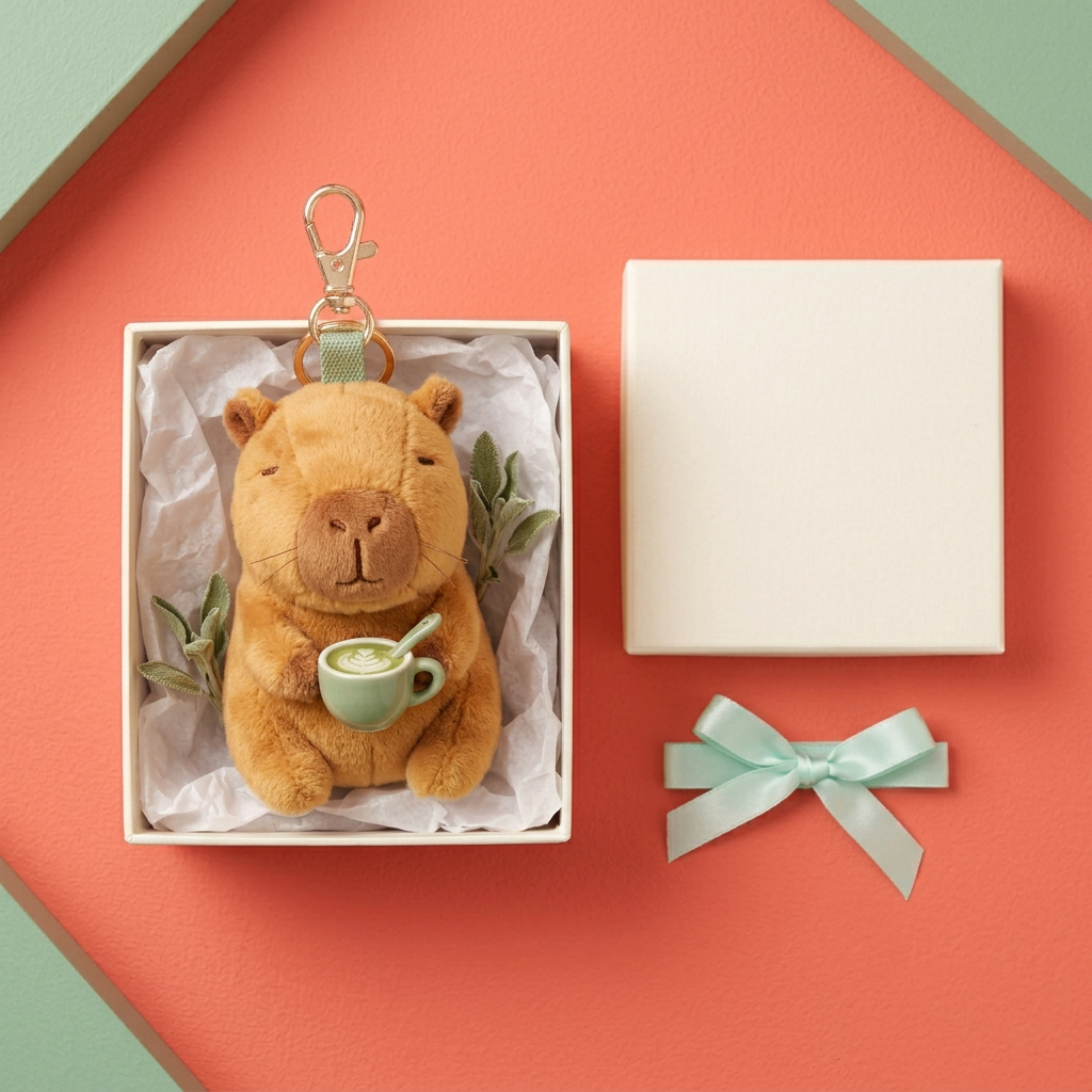 Matcha Capybara in unbranded ivory box with mint ribbon