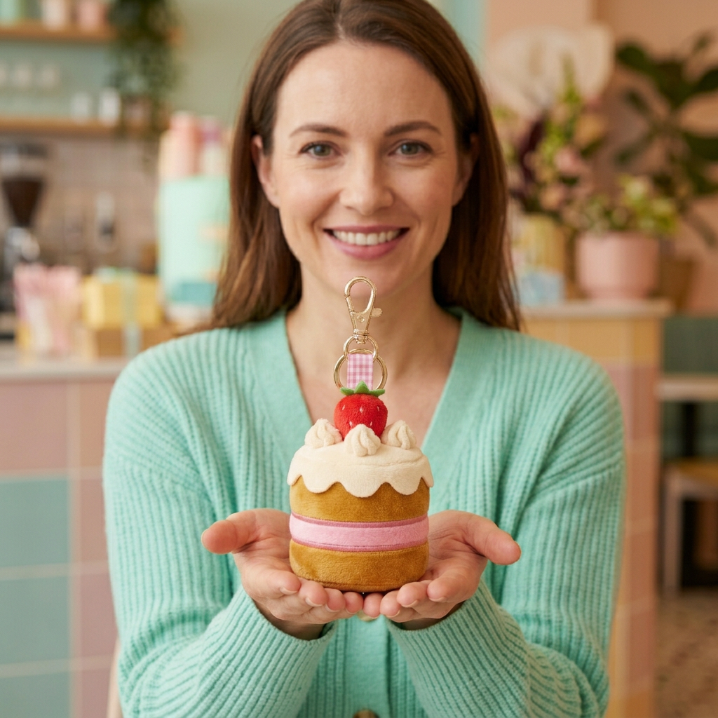 Female model holding Strawberry Cloud Cake with full gold clasp visible