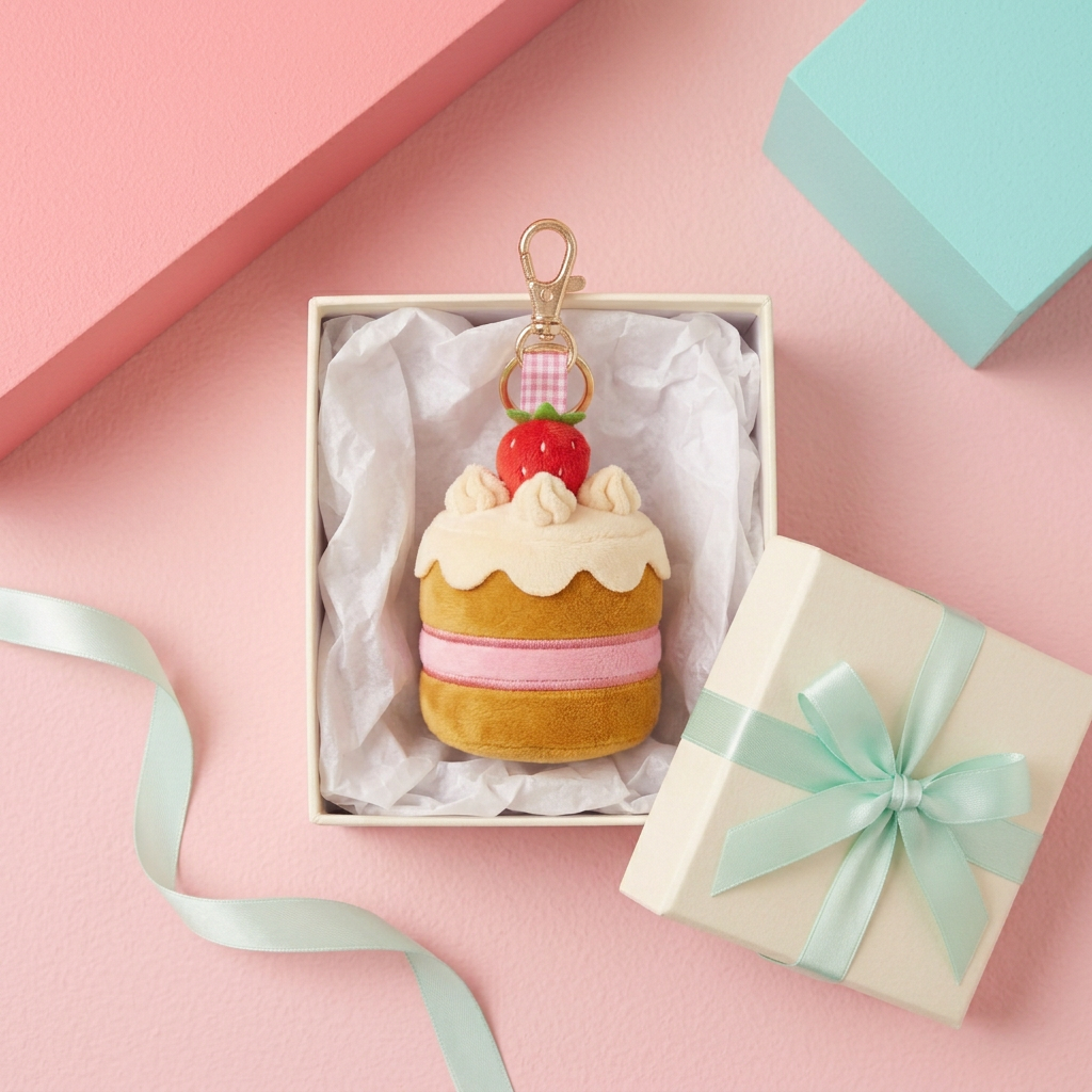 Strawberry cake charm in unbranded ivory box with mint ribbon