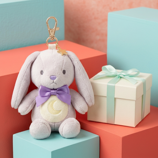 Moonbeam Bunny beside unbranded ivory gift box mint ribbon