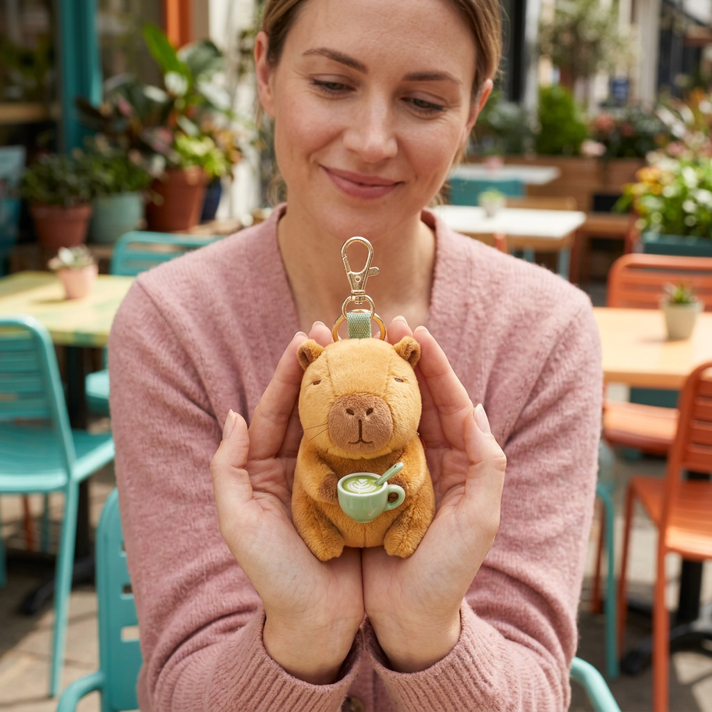 Adult female model holding Matcha Capybara charm in cafe
