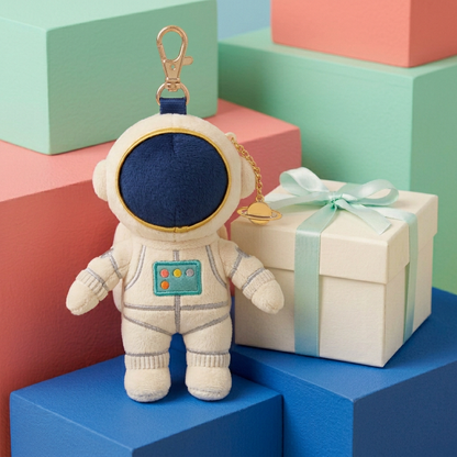 Pocket Astronaut beside unbranded ivory gift box in colorful studio