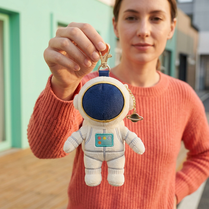 Female model holding astronaut charm with gold clasp