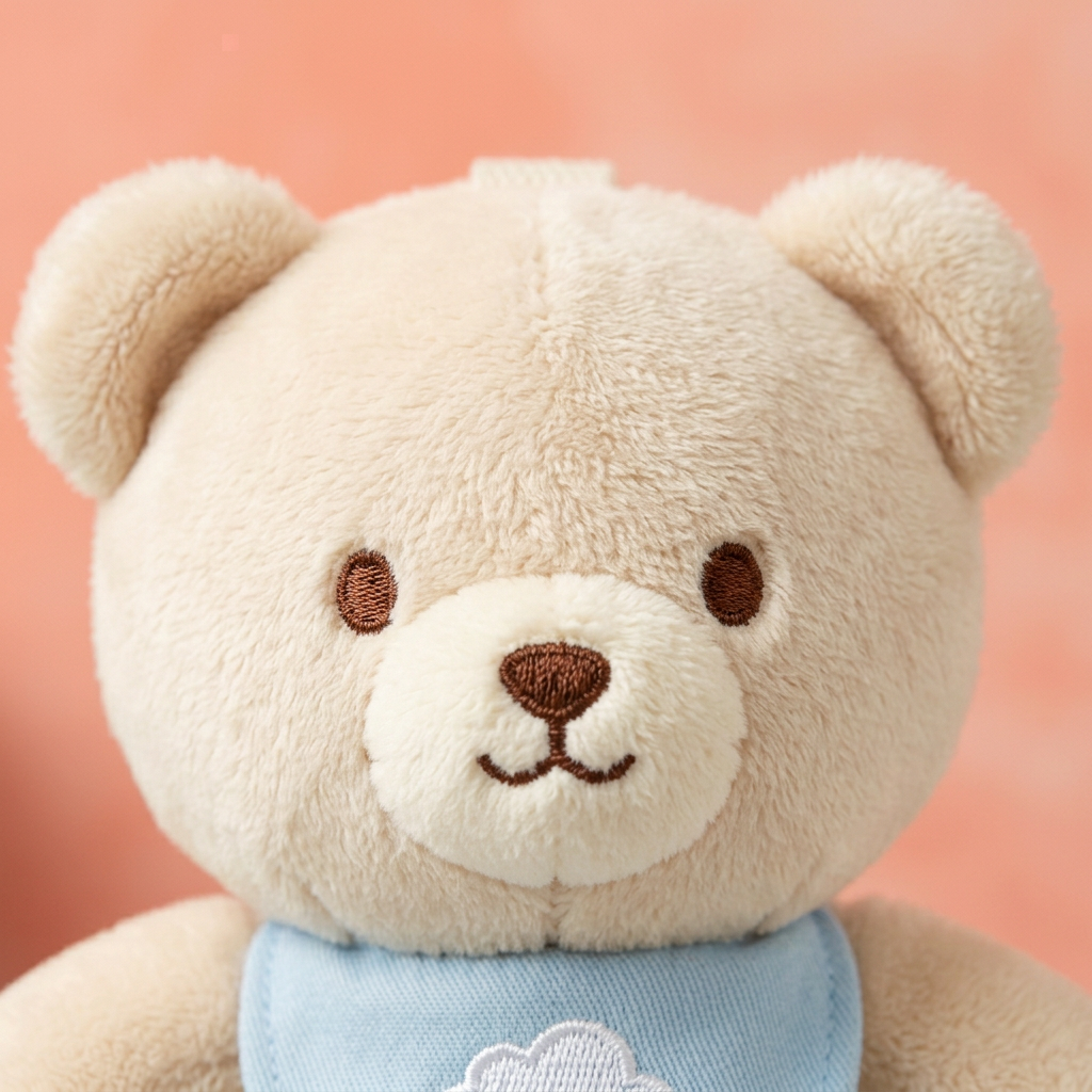 Close-up of bear embroidered face and cream plush