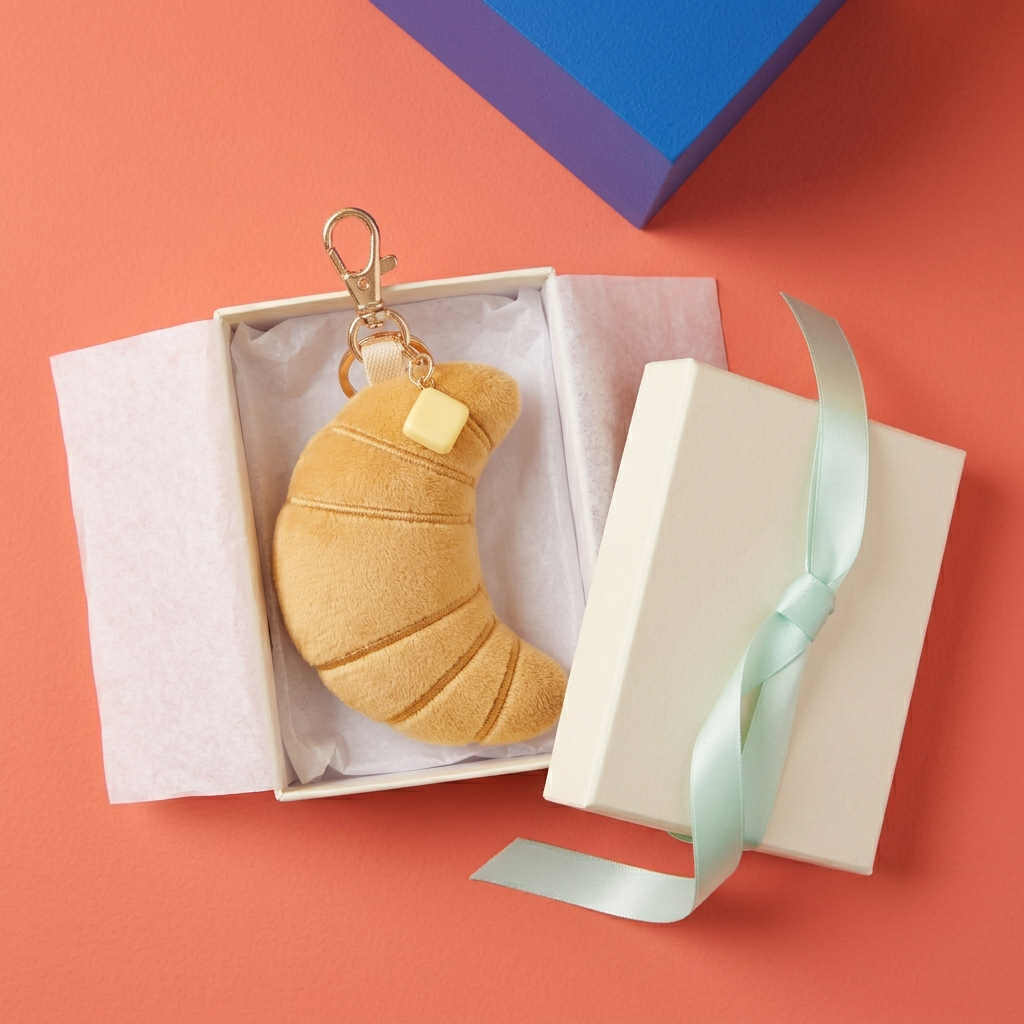 Croissant inside unbranded ivory box with mint ribbon