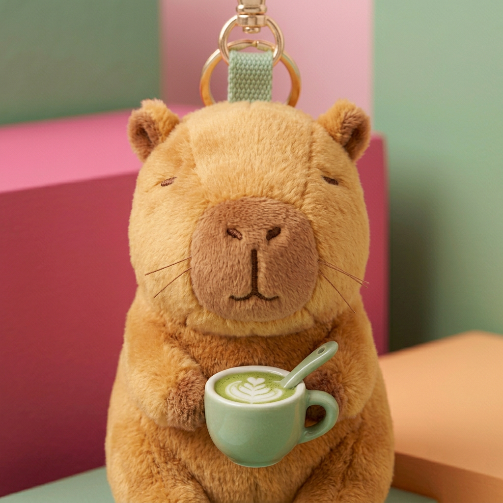 Matcha cup and embroidered face closeup