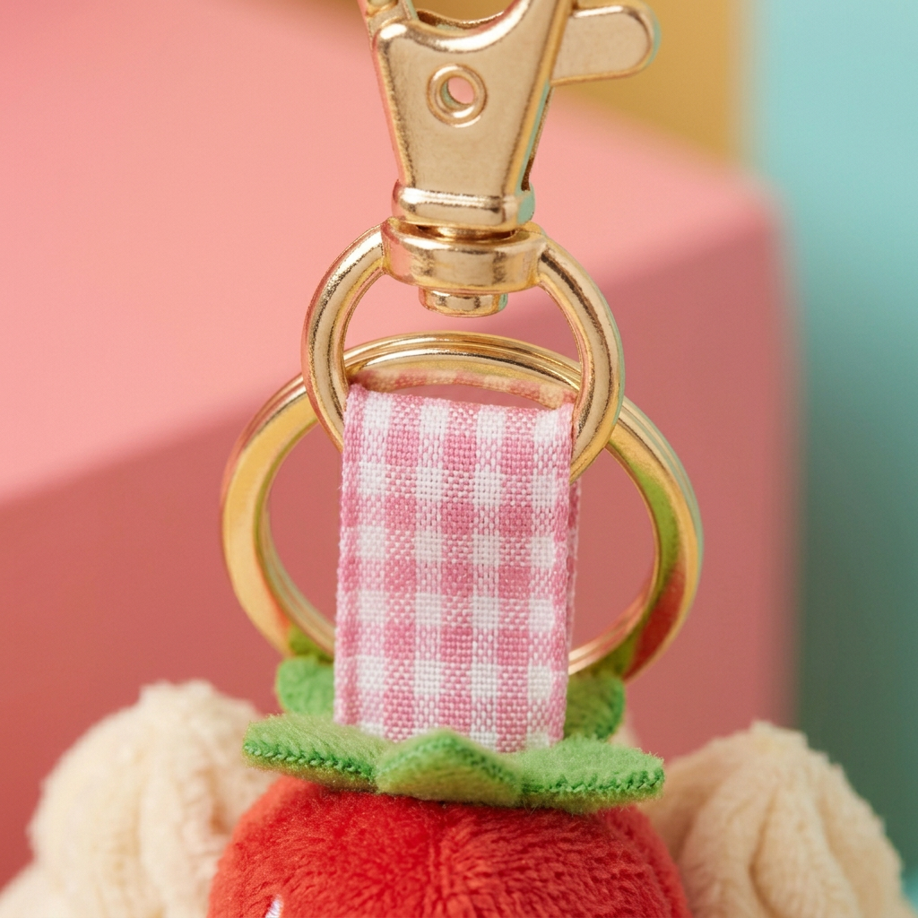 Pink gingham loop and gold-tone clasp detail of strawberry cake charm