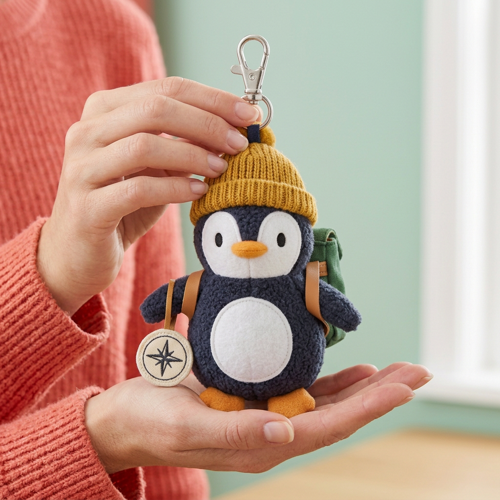 Female model holding Explorer Penguin with hat backpack and compass tag visible