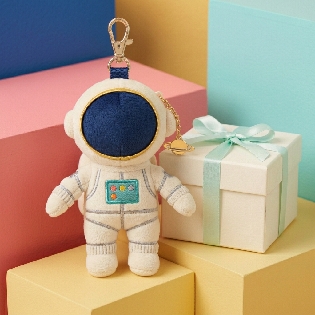 Pocket Astronaut charm with navy visor and gold-tone planet beside unbranded gift box