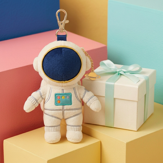 Pocket Astronaut charm with navy visor and gold-tone planet beside unbranded gift box