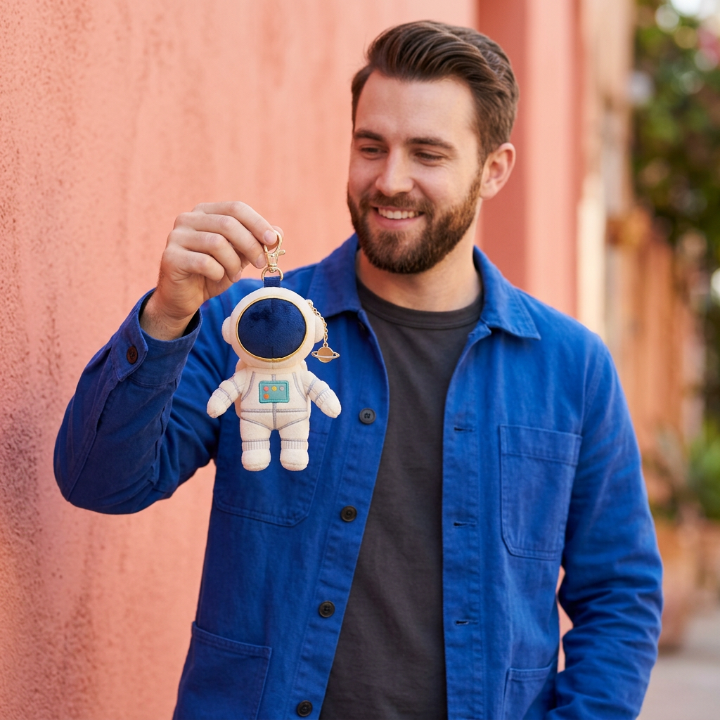 Male model holding astronaut charm with planet pendant