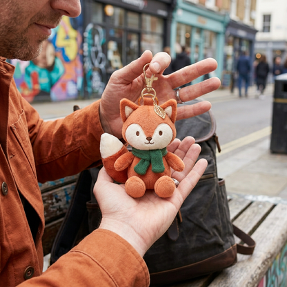 Adult male model holding fox charm