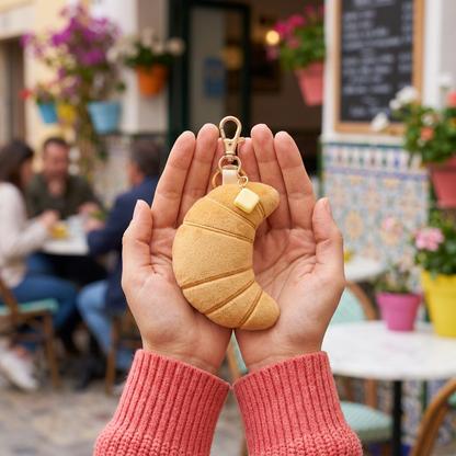 Model in coral sleeves holding Butter Croissant charm at cafe