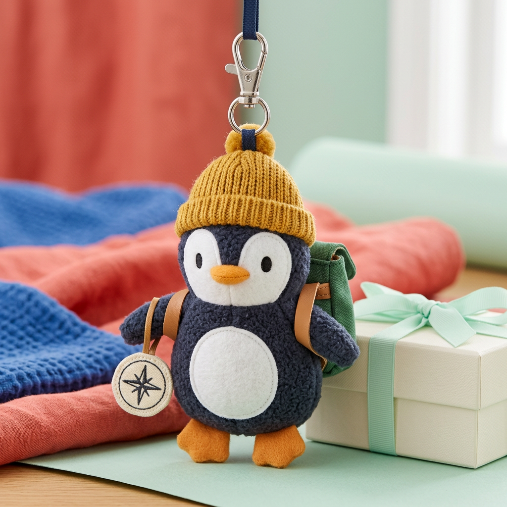 Little Explorer Penguin with mustard beanie green backpack and compass-pattern tag