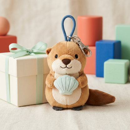 Tan Sea Salt Otter holding seafoam shell beside ivory mint-ribbon gift box