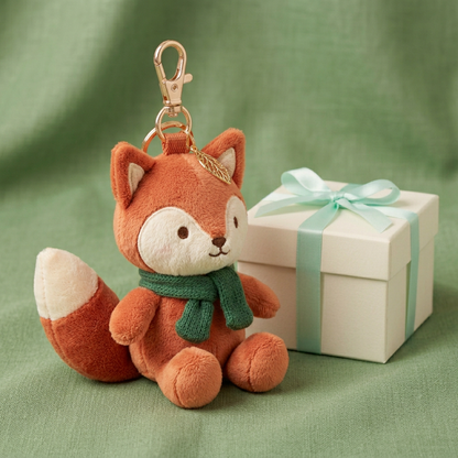 Fox three-quarter view beside gift box